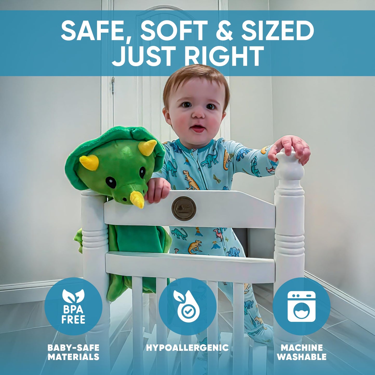 Love By Emi 4 in 1 Baby Lullaby Sleep Soother Toy - Stuffed Animal Sound Machine & Pacifier Holder | Heartbeat White Noise & Music | Plush Green Dinosaur Lovey Sleep Aid Security Blanket (0-3 Years)