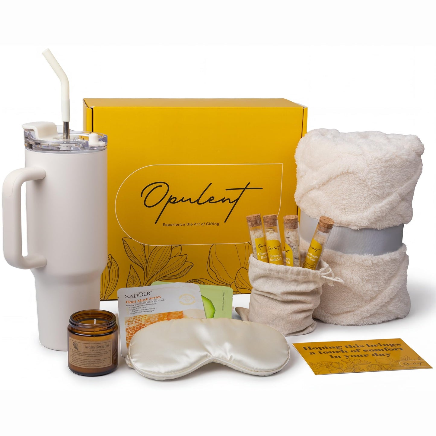 Opulent Luxury Self Care Gifts for Women - Hug in a Box Comfort Care Package - Spa Mothers Day Gift Set with 40 oz Tumbler & Cozy Blanket - Ideal for Thinking of You, Birthday, Sympathy & Corporate