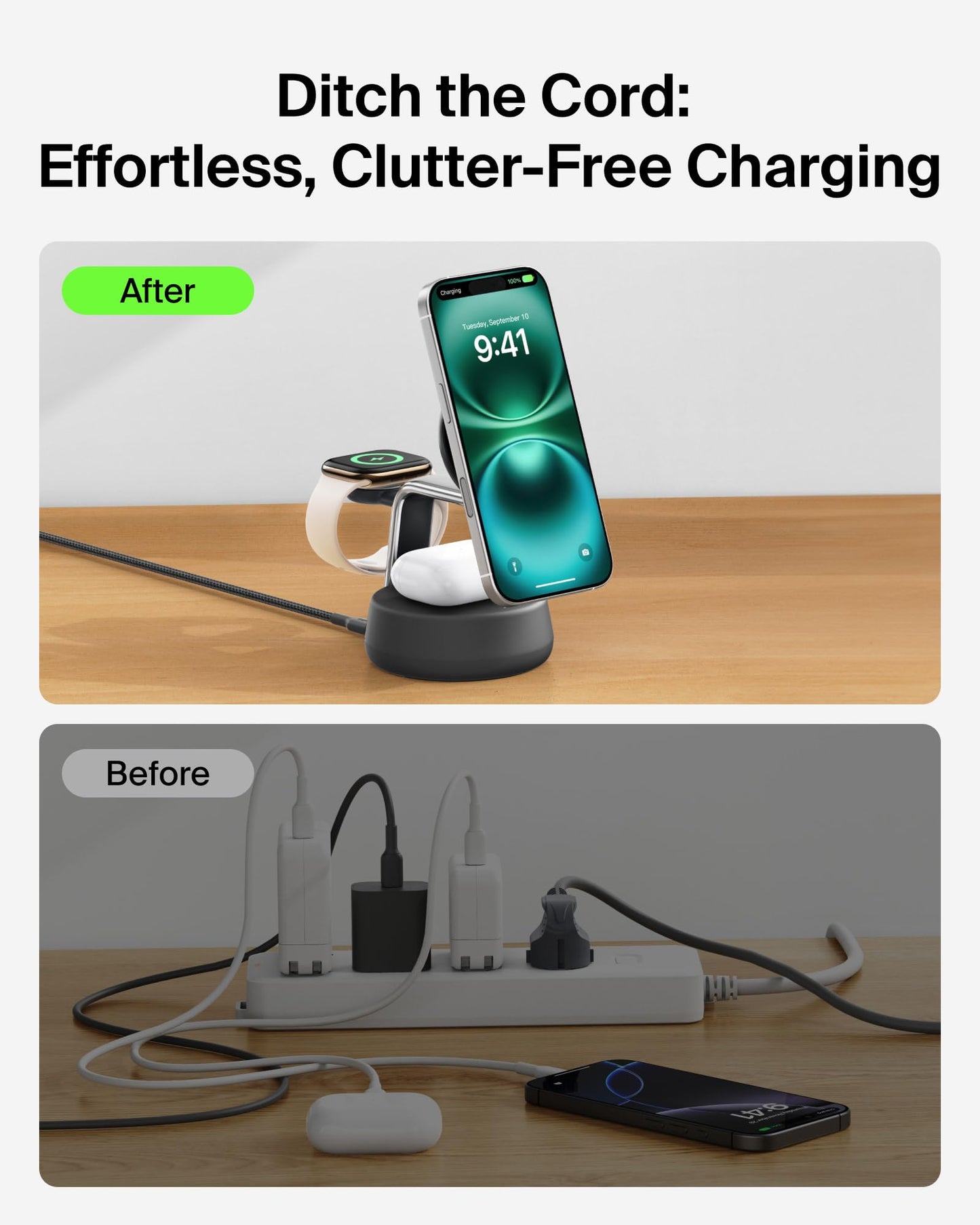 Belkin MagSafe Charger Compatible, 3-in-1 Charging Station, Qi2.2 25W w/Cooling Fan (On/Off Control) Magnetic Wireless Charger for iPhone 17, Apple Watch, AirPods, Pixel 10 (45W Adapter Included)