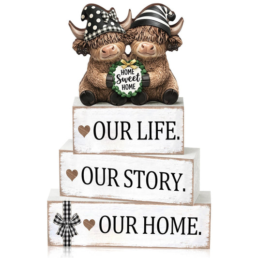 Yousoontic 4 Pcs Rustic Wooden Highland Cow Figurines Set, Farmhouse Table Decor Home Sweet Home Stackable Centerpiece for Entryway Tiered Tray Shelf Living Room Office Decor, Housewarming Gift