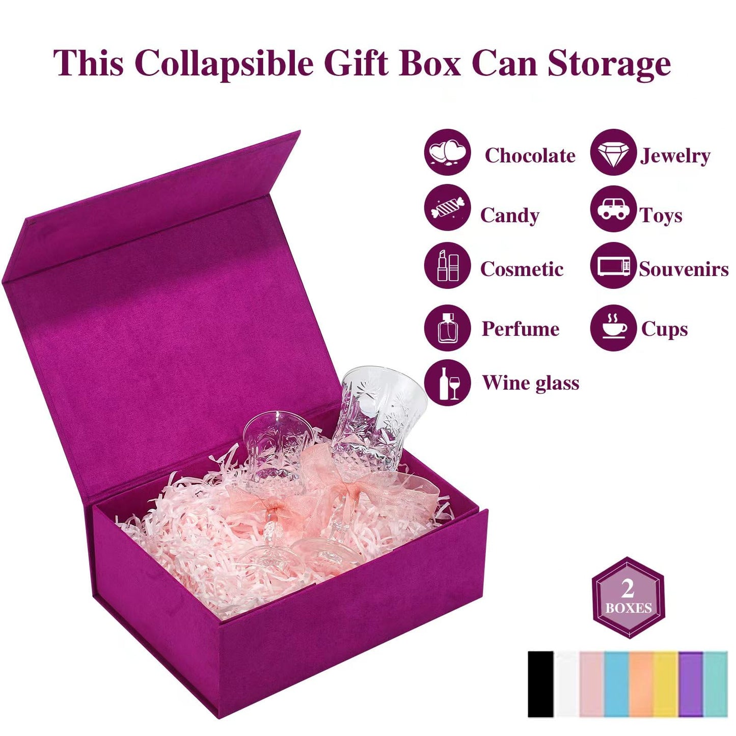 GREDNA 2PCS 8.7"x6.3"x3" Purple Velvet Box, Foldable Gift Box, Magnetic Closure Lid Gift Box For Presents For Mother's Day, Birthdays, Bridal Showers,Weddings, Wrapping Gifts(Purple)