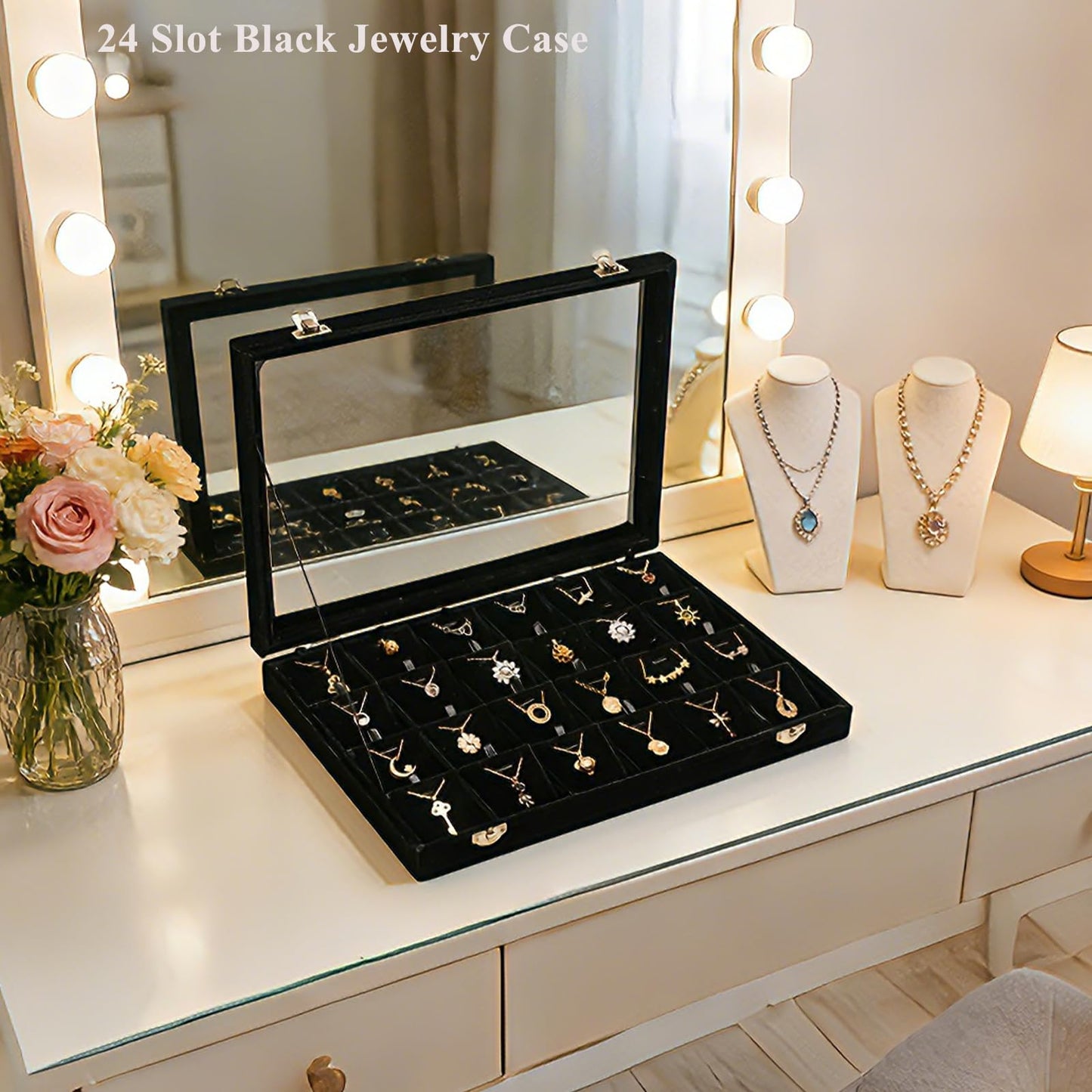 XHMQYC Jewelry Box Necklace Organizer Tray (Black) Necklace Display Case for Storage Jewelry Necklaces Display Stand 24 Slot Pendant Holder for Women