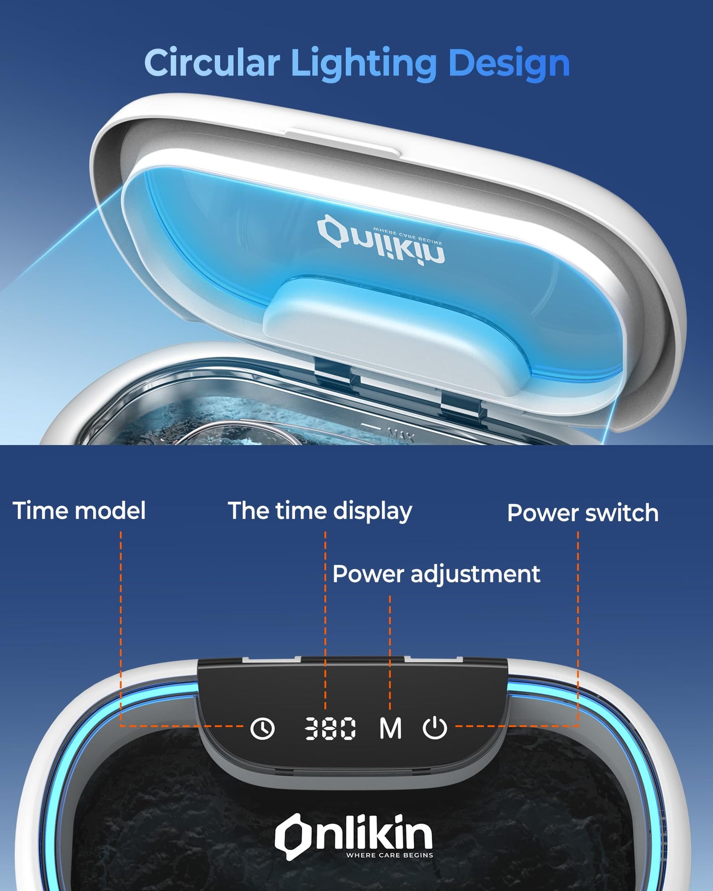 onlikin 35W Ultrasonic Jewelry Cleaner, 45KHz Retainer Cleaner for Jewelry, 5 Timer & 3 Power Modes, Eyeglasses, Rings, Watch Strap, Dentures - 20oz, 304 Stainless Steel Tank, Quiet <38dB (White)