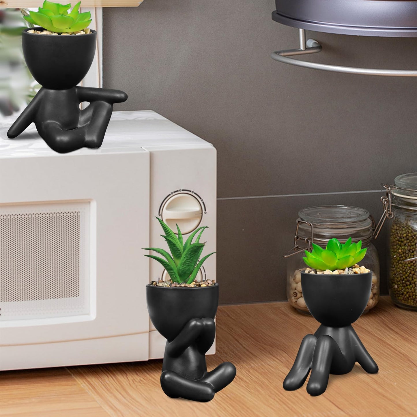 SEMSOIIO Pack of 4 Cute Artificial Succulent Plants in Human Shaped Pots, Funny Desk Decor for Office Women Men, Aesthetic Room Decor, Small Fake Plants for Shelf Bathroom Home Office Gifts (Black)