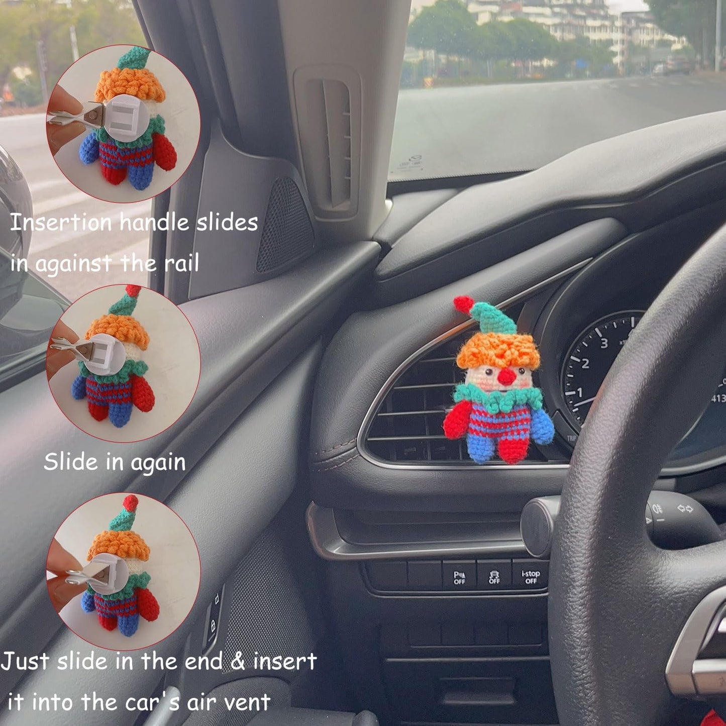 ZIUGLIKAL Cute Clown Car Air Vent Clip Handmade Crochet Anime Decoration Suitable for Car Air Vents Car Interior Accessories Car Gifts for Men & Women (Car air Vent Clown)