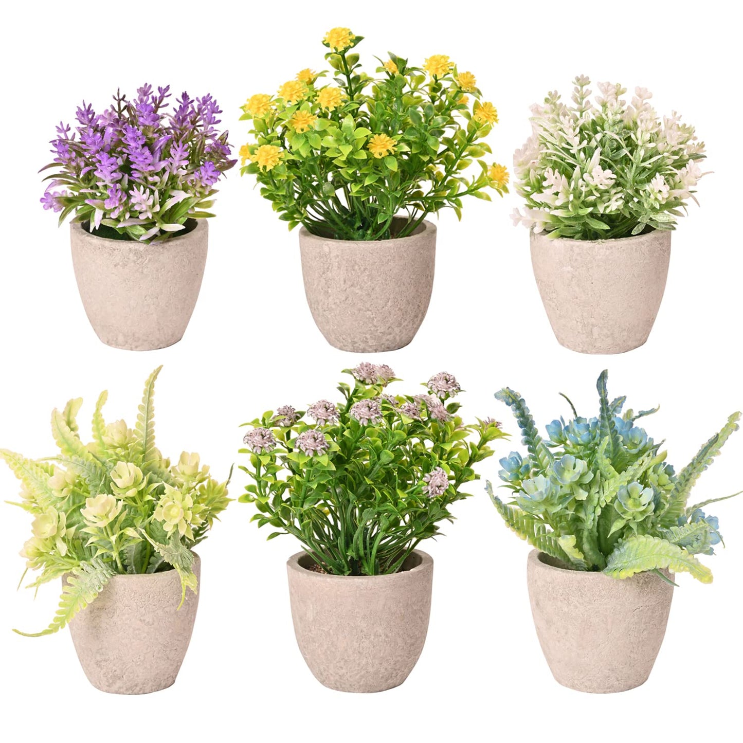 LUEUR Set of 6 Potted Artificial Flowers Arrangement, Fake Flowers with Vases Faux Flowers in Pot for Centerpiece Table Decorations Spring Decor for Home Office Desktop