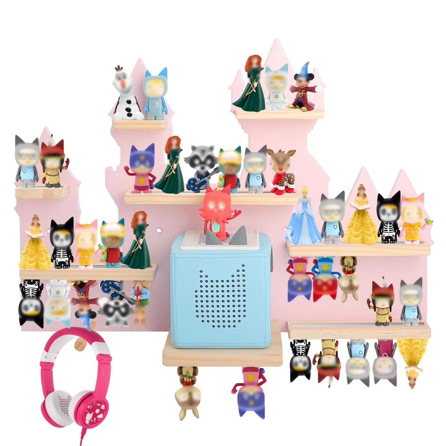for Toniebox 2 and Toniebox 1 Tonie Shelf Wall Mounted Set,Tonies Figures Tonies Storage,Magnetic Wooden Floating Shelves Compatible with Tonie box Player Character for Children Room (pink-castles)