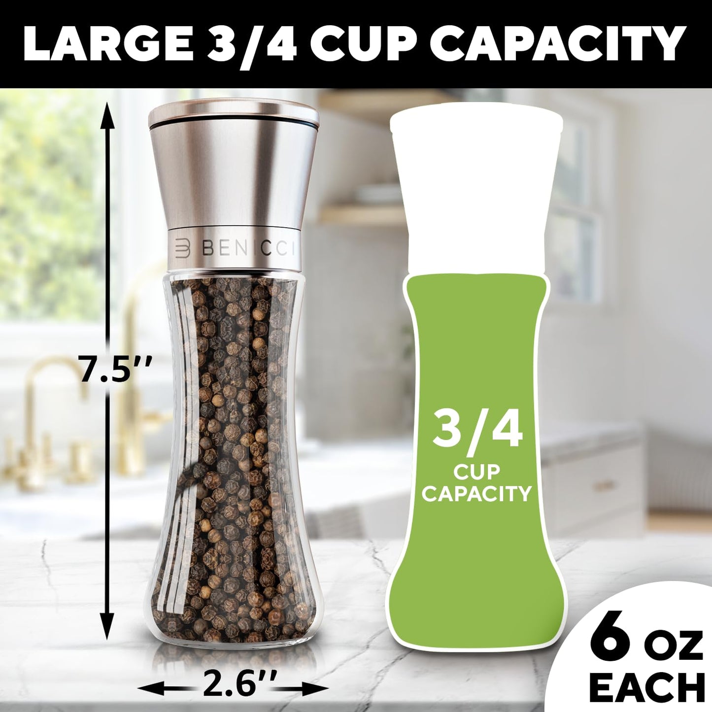 Premium Salt and Pepper Grinder Set of 2 - Two Refillable Stainless Steel Sea Salt & Spice Shakers with Adjustable Coarse Mills - Easy Clean Ceramic Grinders w/BONUS Silicone Funnel & Cleaning Brush