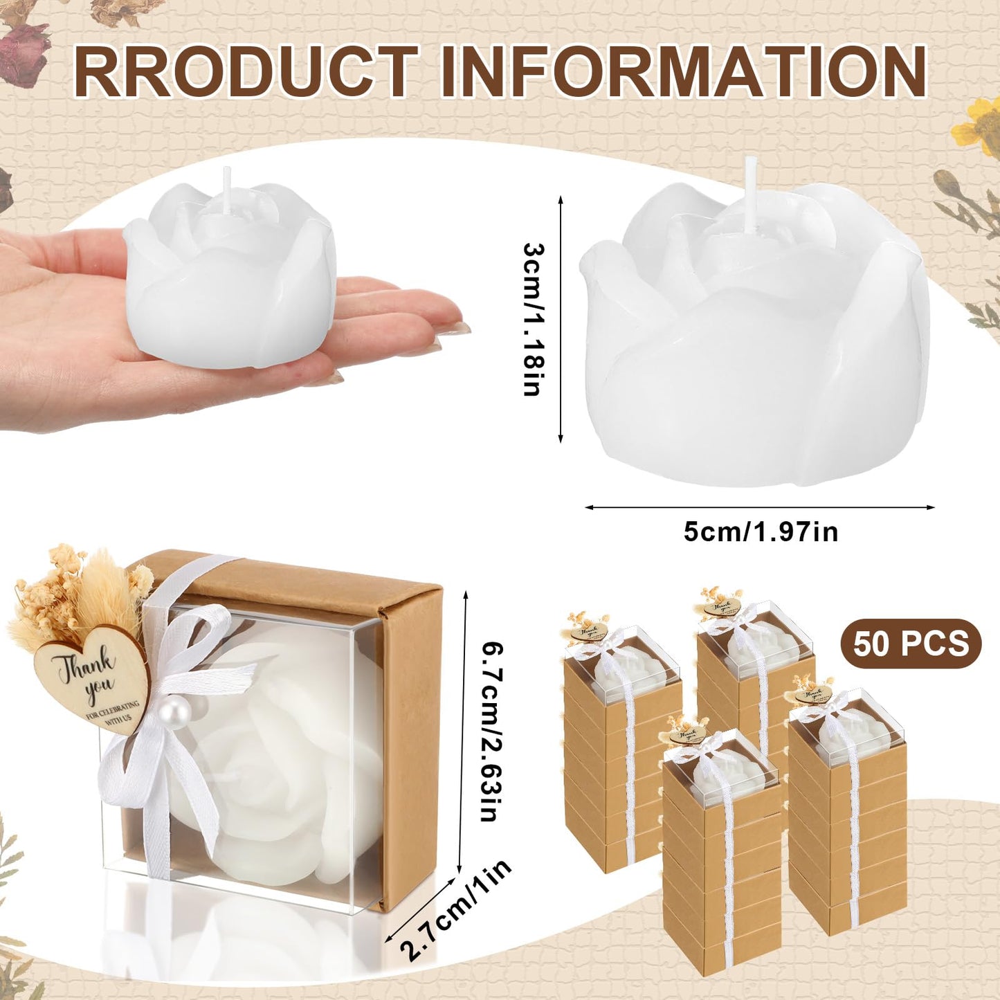 Threlaco 50 Sets Rose Candles Scented with Dried Flower Mini White Rose Petal Candle Gifts Gift Set for Wedding Bridal Shower Baby Shower Birthday Party Favors Decoration