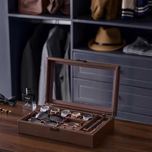 ProCase Men's Jewelry Box, 5-Slot Wood Watch Display Case Jewellry Storage Organizer for Sunglasses Rings Accessories with Hidden Compartment, Watch Holder with Glass Lid, Gift for Men -Espresso
