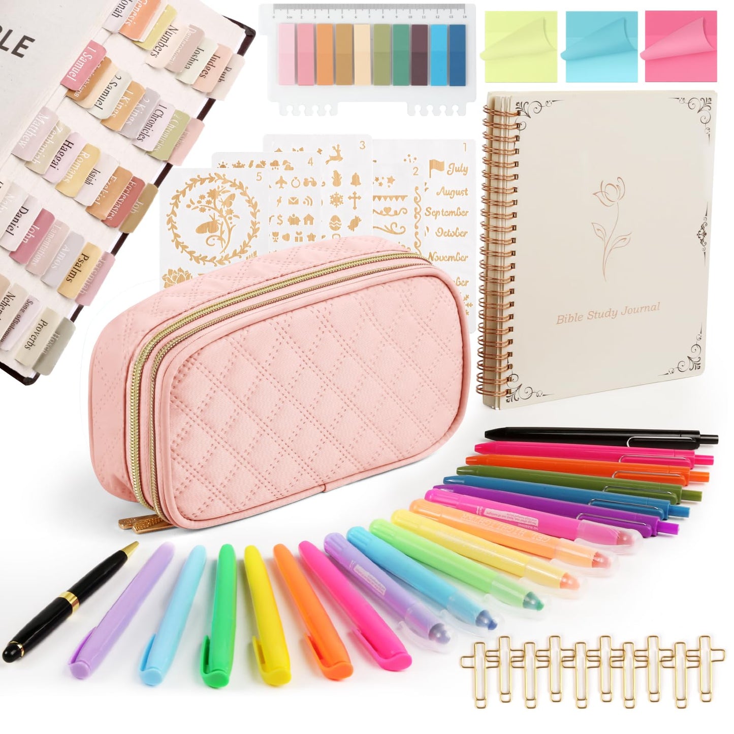 BellaHold Bible Study Kit for Women and Girls – 50PCS Journaling Supplies, 11 Bible Accessories, No-Bleed Highlighters, Pens, Bible Tabs, Large Pencil Case, Christian Gift (Light Pink)
