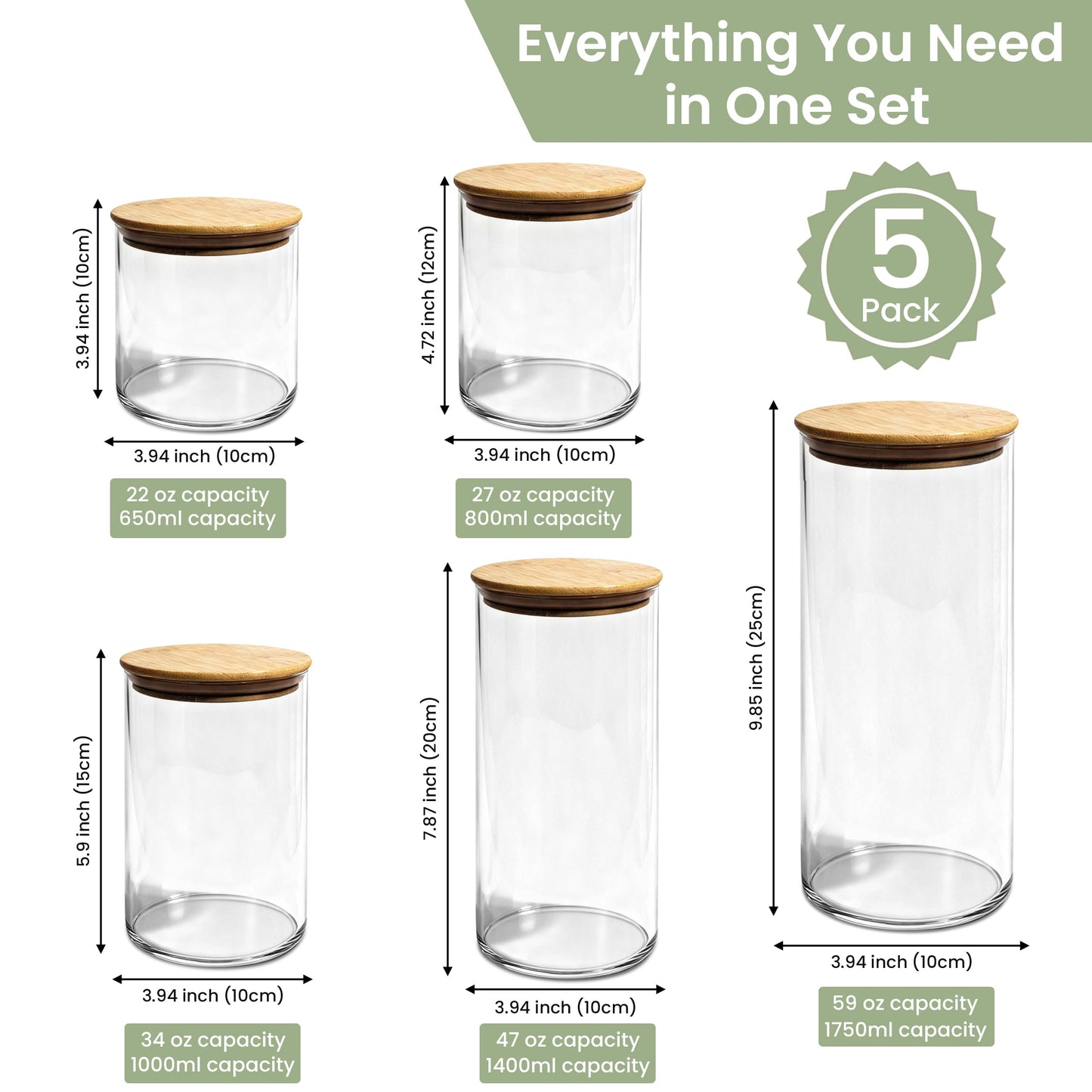 TheHouseGadget 5 Food Storage Containers with Lids - Ideal Set of Glass Storage Containers for Pantry Organizers and storage - Glass Food Storage Containers with Bamboo Lids