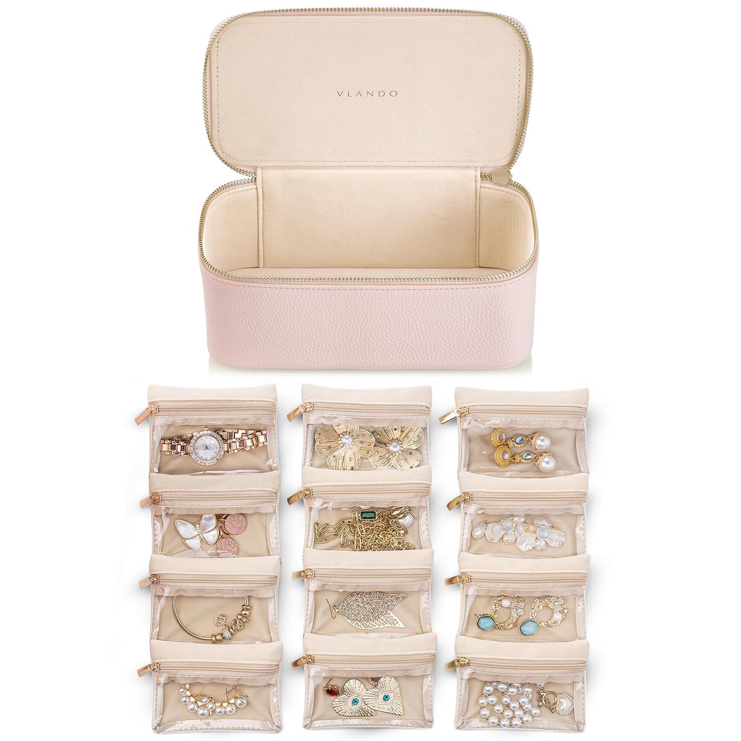 VLANDO Teacher Gifts for Women,Jewelry Box with 12 Velvet Jewelry Bags Travel Jewelry Case for Mothers Day Mom Gifts, Jewelry Organizer for Travelers Birthday Gift Ideas for Women (Pink)