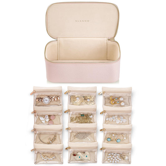 VLANDO Teacher Gifts for Women,Jewelry Box with 12 Velvet Jewelry Bags Travel Jewelry Case for Mothers Day Mom Gifts, Jewelry Organizer for Travelers Birthday Gift Ideas for Women (Pink)