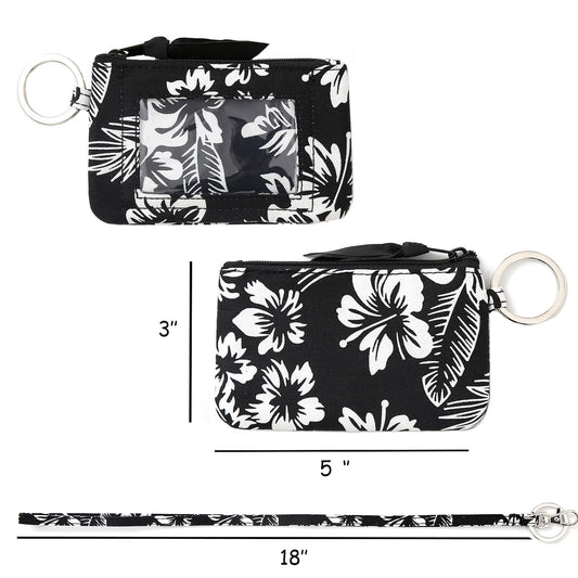 WONDERFUL FLOWER Lanyard Wallet for Women, ID Card Holder, Lanyards for ID Badges, Floral Zip ID Case Keychain Small Coin Purse Cards, Cash, Work, Travel, Cruise, Teachers, Students, Kids, Black White