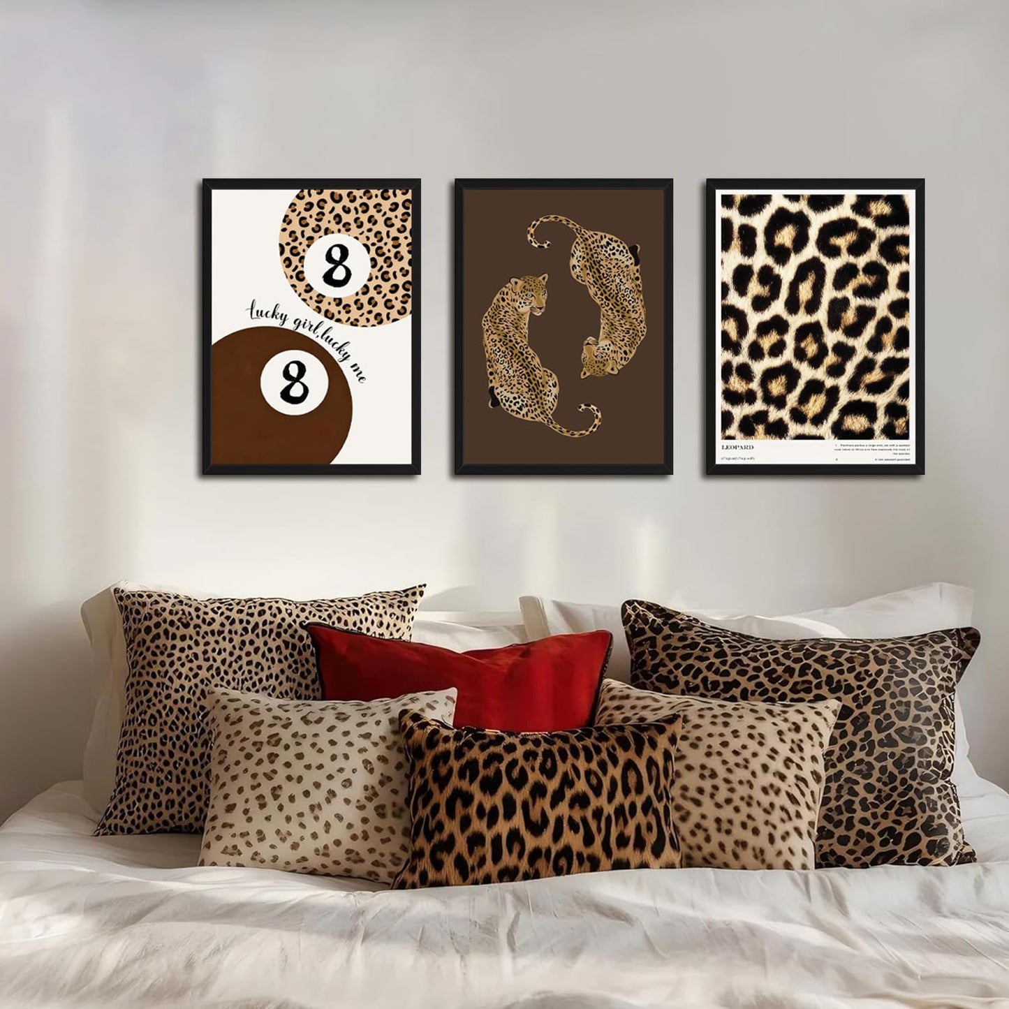 Framed Leopard Wall Art Set of 3, Preppy Cheetah and Lucky 8 Ball Canvas Prints, Trendy Y2K Girly Wall Decor for Teen Girls Bedroom, Bathroom, Dorm, Living Room, 12x16 Inch