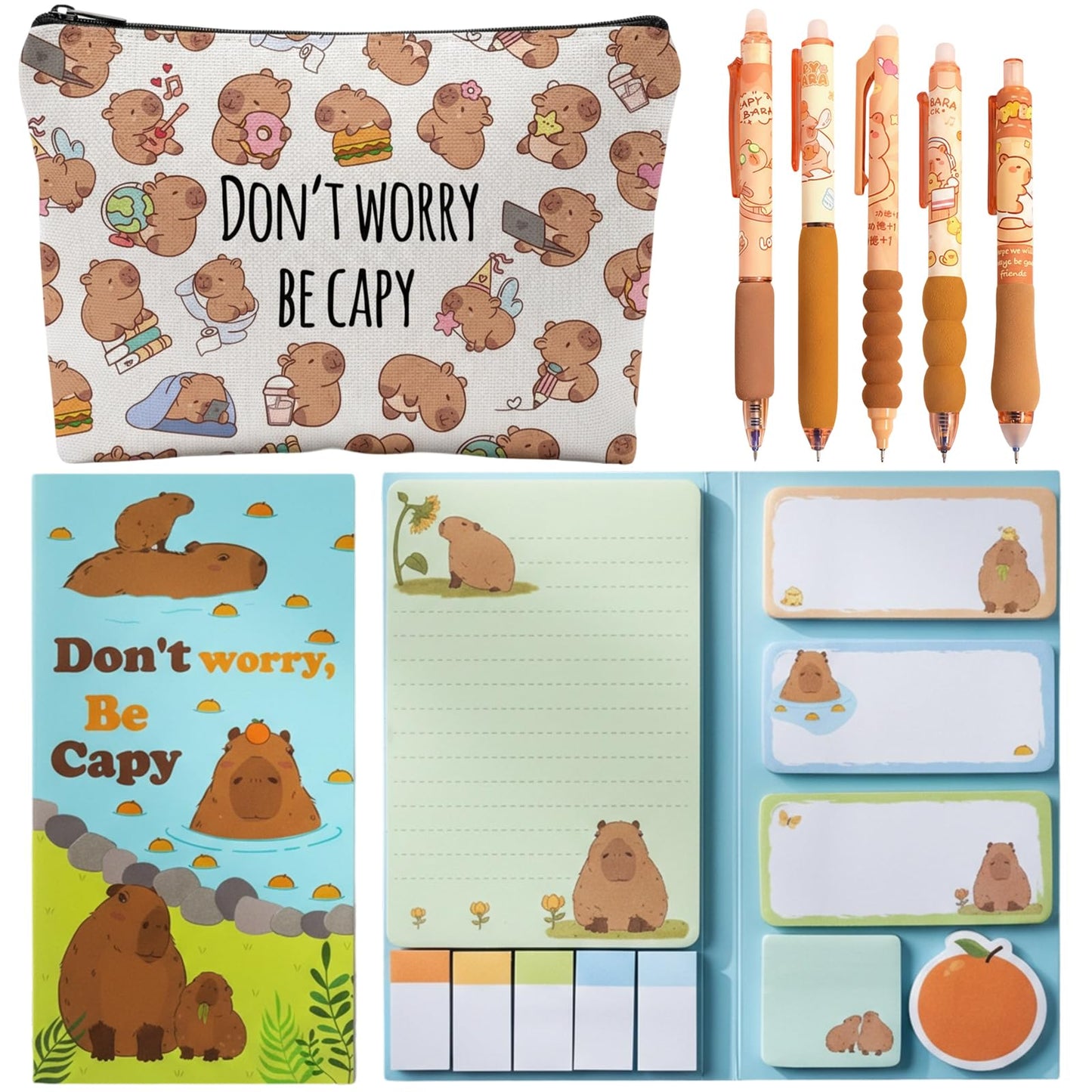 Capybara Stationery Set, School Supplies for Girls, 7 PCS Cute Office Supplies with Pencil Case, Pens and Sticky Notes, Capybara Gifts Party Favor for Stationery Back to School Office Supplies