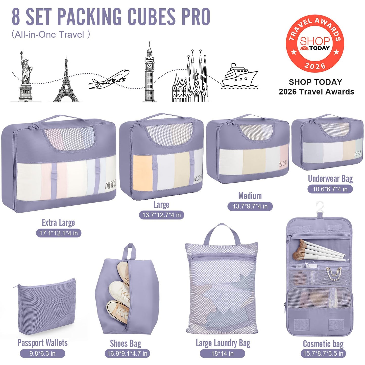 Veken 8 Set Packing Cubes for Travel Essentials, Suitcase Organizer Bags in 4 Sizes, Carry-On Luggage Accessories with Large Laundry & Hanging Toiletry Bag, Must-Have for Airplane, Road Trip & Camping