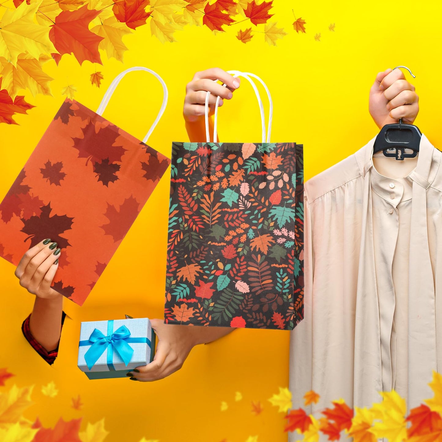 Tenceur 24 Pcs Fall Gift Bags Bulk Kraft Paper Orange Gift Bags Maple Leaf Elements Goody Candy Treat Pouches with Handles for Thanksgiving Autumn Wedding Birthday Party Favors