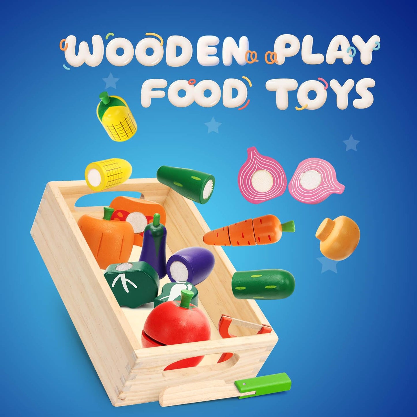 Wooden Play Food Set for Toddlers Toys Pretend Play Kitchen Accessories Veggies Cutting Set for Kids Gift for Boys Girls Montessori Educational Toys