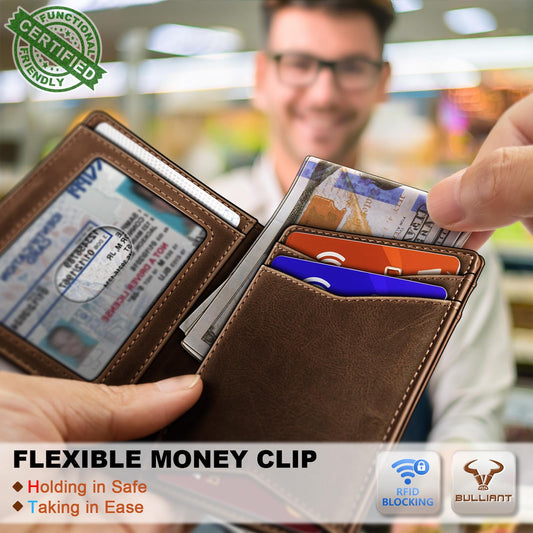 BULLIANT Men Wallet,Top Grain Leather Slim Wallet Magnetic Closure Simplifed Bill Folder RFID Blocking 11Cards