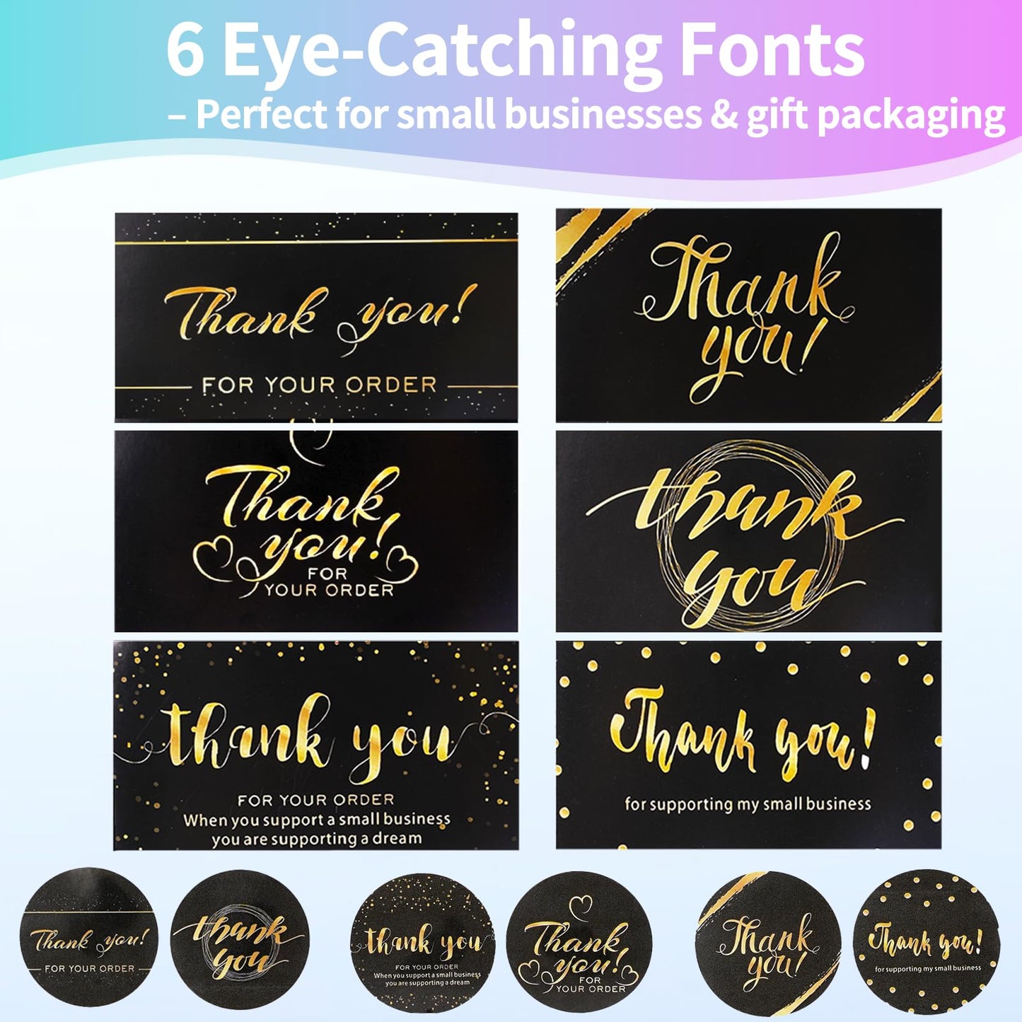 670Pcs Thank You Cards and Stickers Set- 500 Thank You for Supporting My Small Business Stickers & 120 Cards with 50 Resealable Packaging Bags, Small Business Essentials (Black)