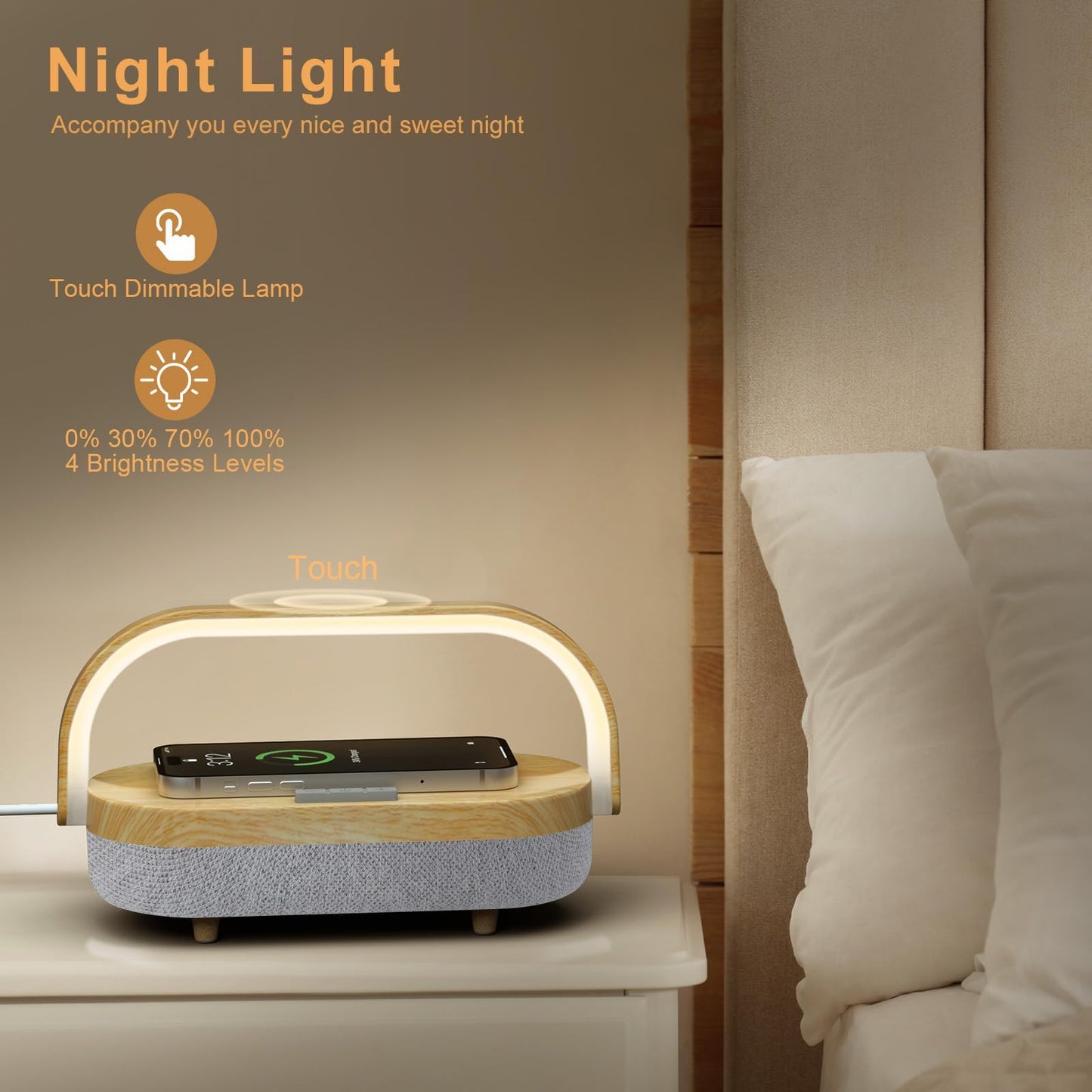 iGaur Nightstand Lamp with Wireless Charger,4 in 1 Touch Bedside Lamp Bluetooth Speaker,Portable Dimmable LED Night Light,Corporate Gifts Premium for Employees Clients,Birthday Gifts Women Wife Friend