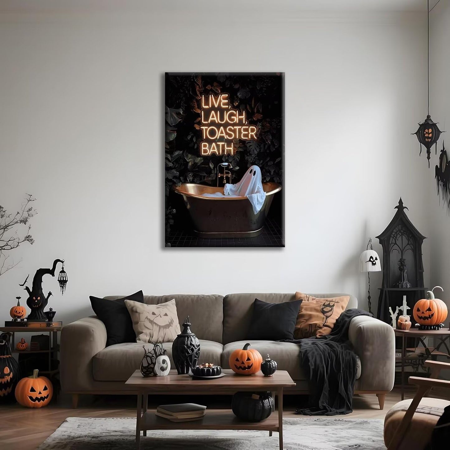Live Laugh Toaster Bath Neon Poster Spooky Cute Ghost In Bathtub Wall Art Funny Halloween Gothic Dark Academia Canvas Print Vintage Quirky Painting Home Artwork Aesthetic 12x16inch Unframed