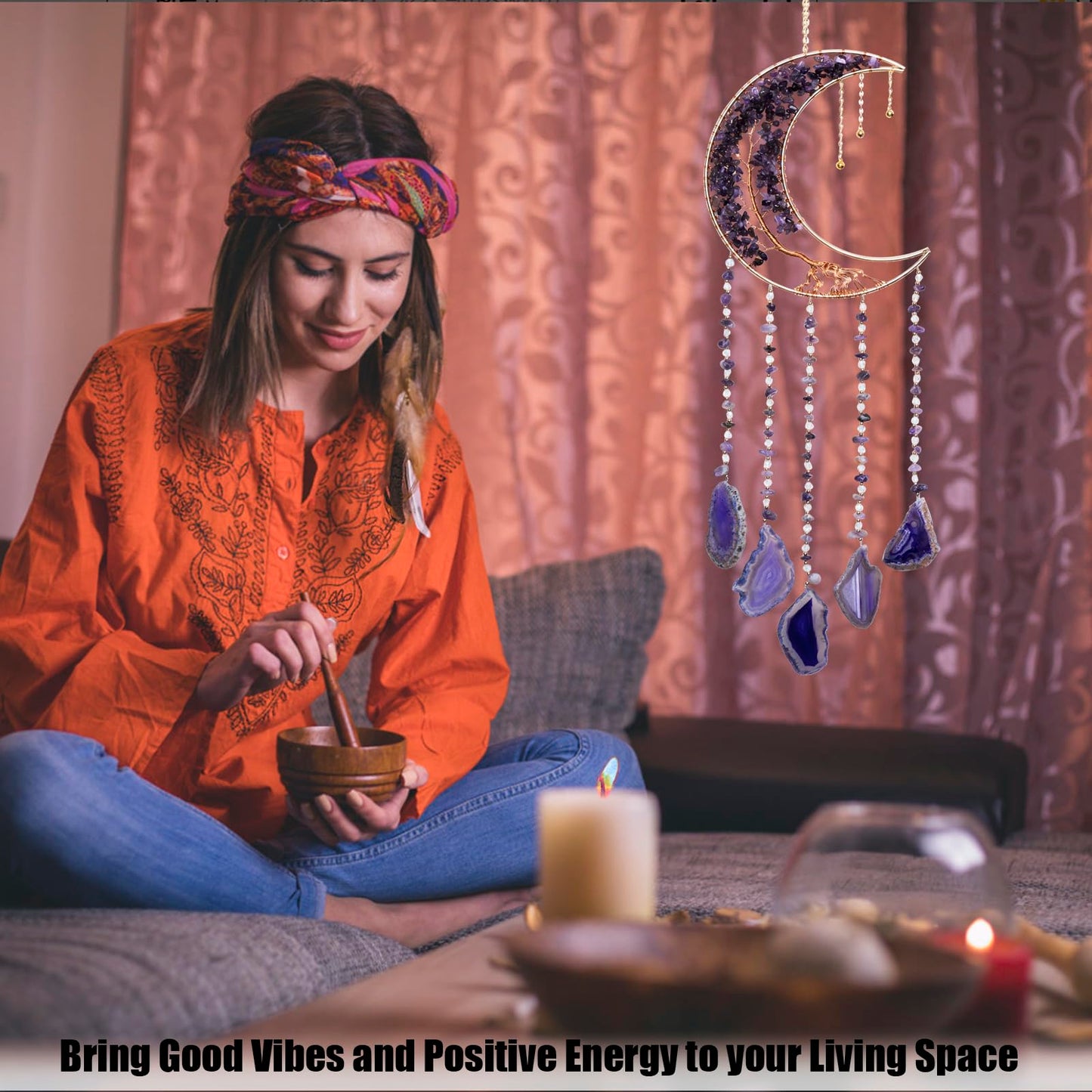 Moon Wind Chimes With Amethyst Tree for Purple Room Aesthetic, Hanging Crystal Decor for Home Wall, Purple Bedroom for Women, Unique Gifts for Women or Teen Girls