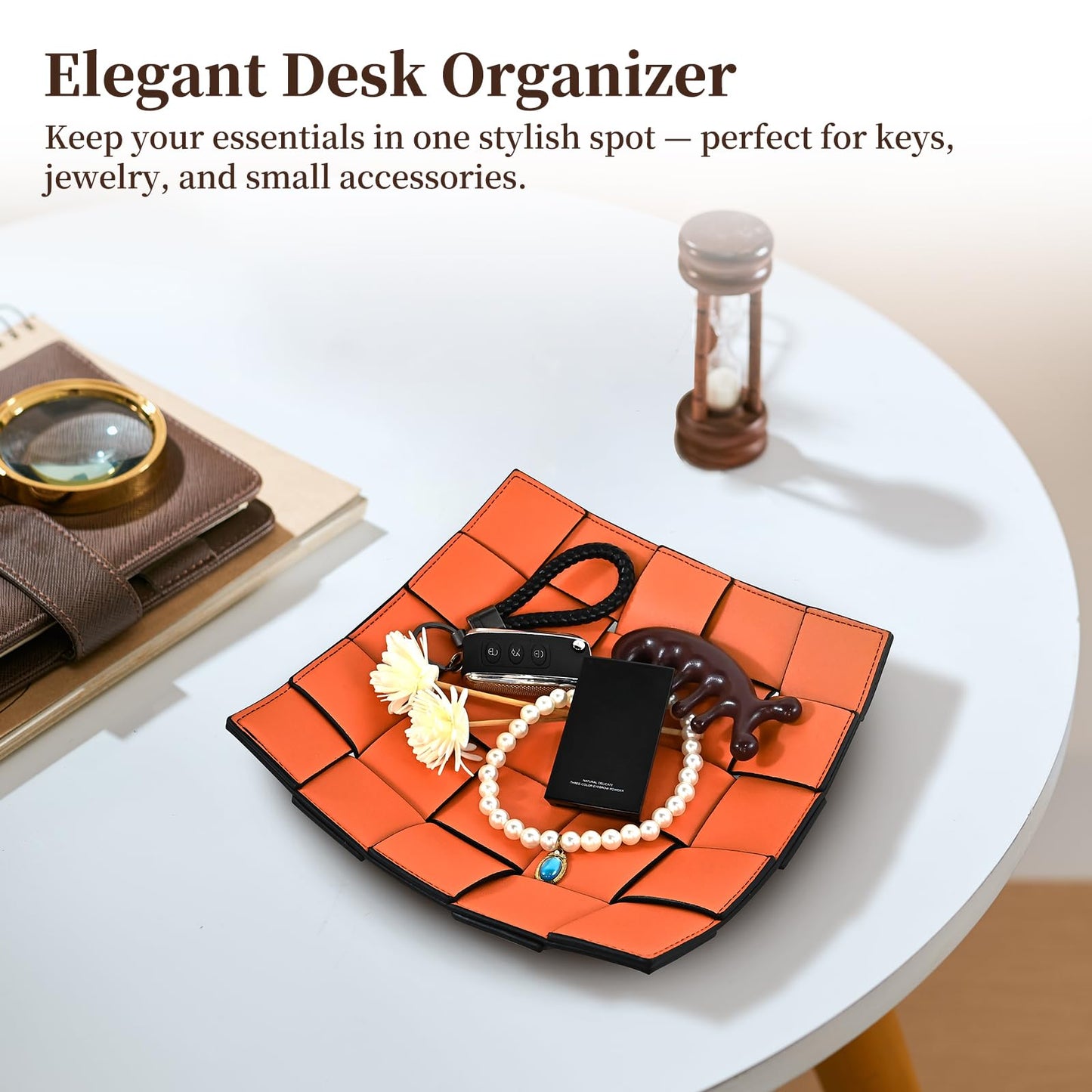 MSJGA Valet Tray PU Leather Key Holder Bowl for Women and Men Entryway Table Nightstand Desk Tray for Wallet, Keys Men's Gift - Orange & Black, 9.8" L x 9.8" W x 2" H