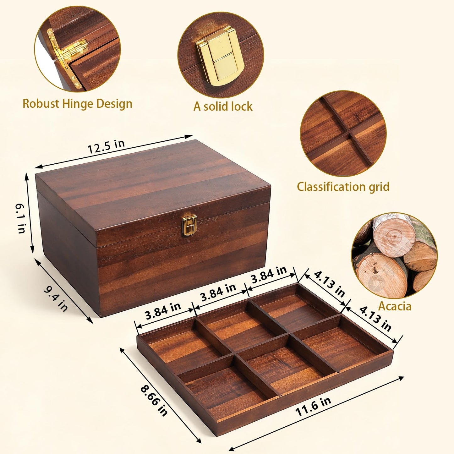 NLGQ Large Wooden Storage Box with Adjustable Tray, 12.5 IN Acacia Wood Keepsake Box with Lid for Storage Trinkets, Jewelry, Card, Photo, Wooden Decortive Case for Home 12.5x9.4x6.1 IN -WB006-X Large