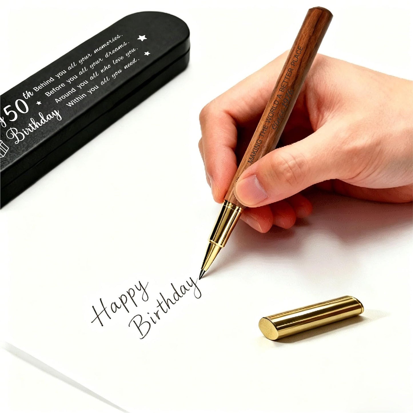 iyaone 50th Birthday Gift for 1976 Born - Engraved Wooden Gel Pen & Keepsake Box Set, Golden 50 Year Old Gift for Men & Women, Milestone Birthday Present