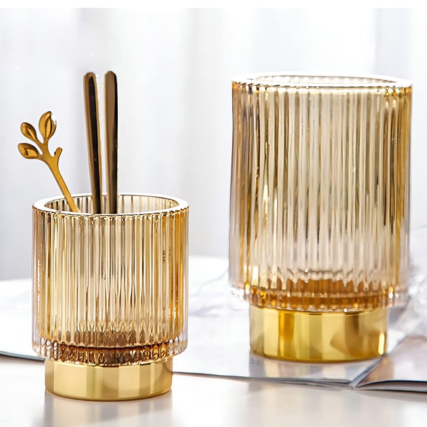 DASITON Makeup Brush holder Organizer,Crystal Cosmetic Makeup Brush Glass Brushes Storage Holder, Vintage Make Up Brush Cup Pen Pencil Holder striped vase(Coffee S)