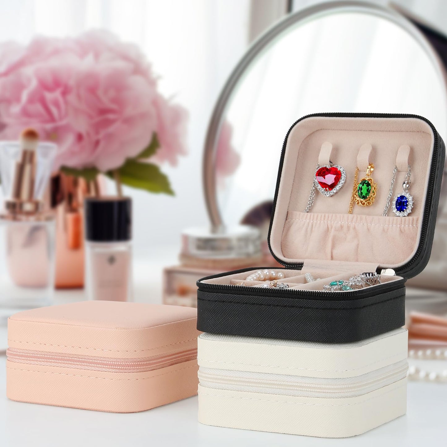 LETURE 3 Pieces Small Jewelry Box Organizer for Women Travel, Portable Mini Travel Jewelry Organizer Display Storage Box For Rings Earrings Necklaces Gifts (BLACK+PINK+WHITE)