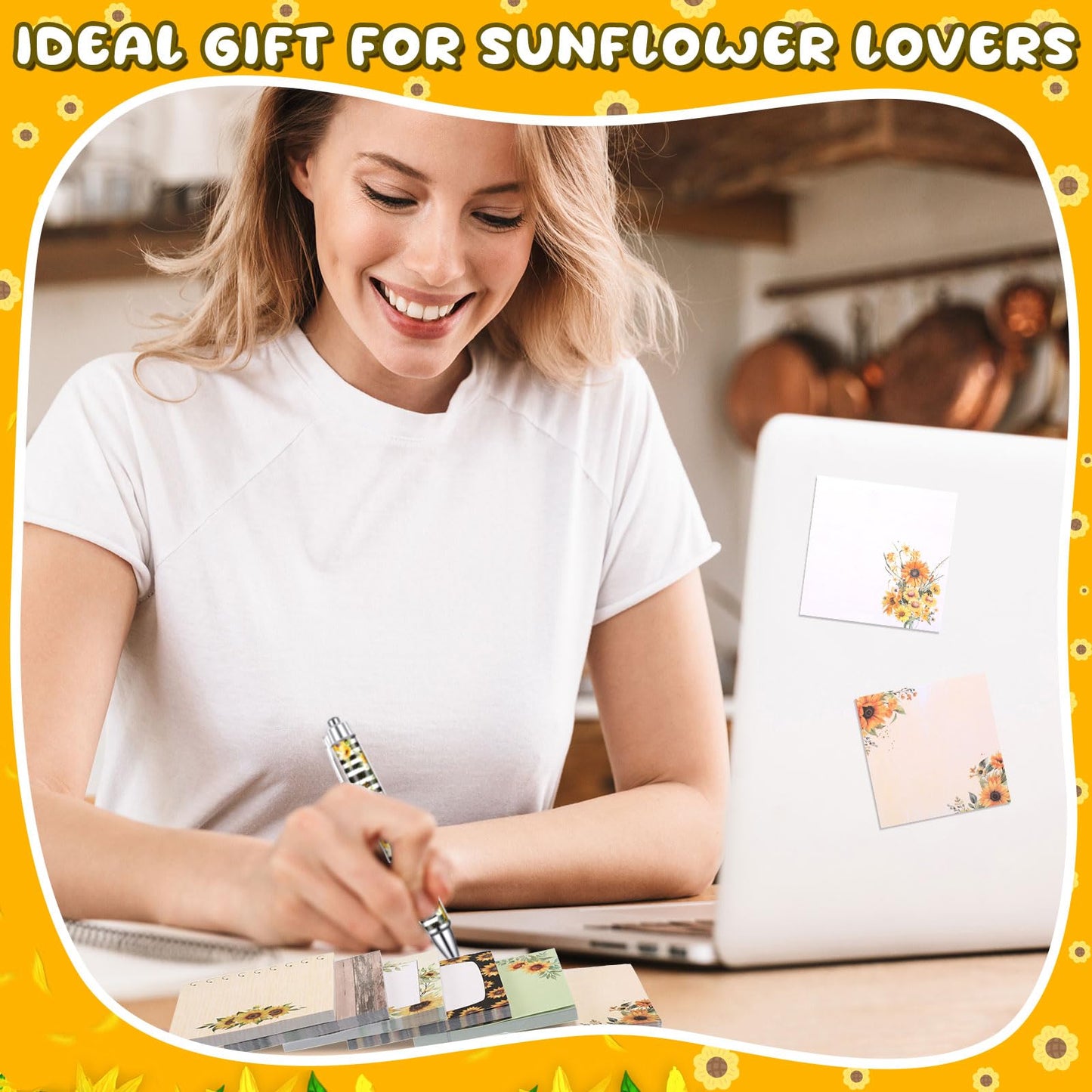Saypacck 18 Pcs Sunflower Desk Accessories, 9 Pads Cute Sticky Notes, 9 Kawaii Pens, 3 x 3 Inches Notepads Memo Pad for Office Supplies Meeting Students School Decor Teacher Gifts