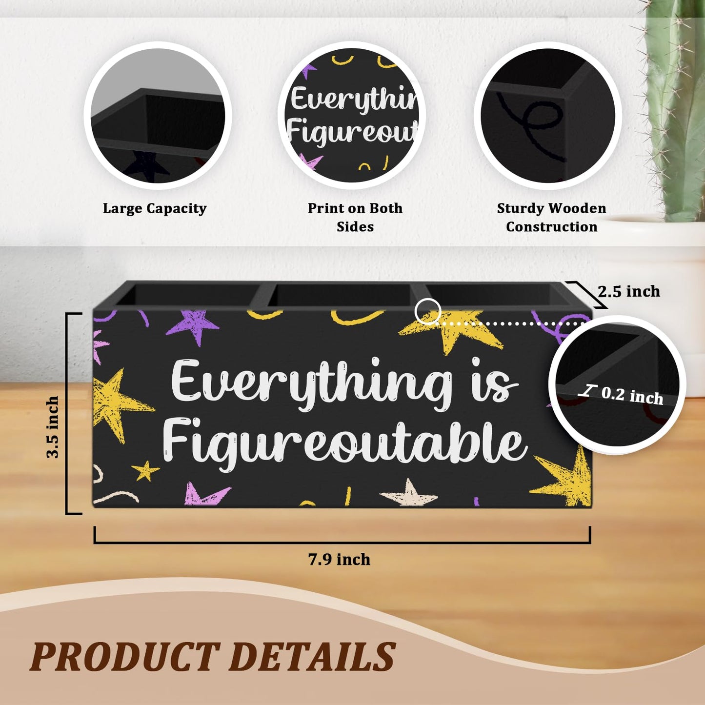 WODMIS Motivational Everything Is Figureoutable Pen Pencil Holder for Desk, Inspirational Gifts for Women Men Wooden Box Organizer Decorations for Home Office Desk Accessories Tabletop