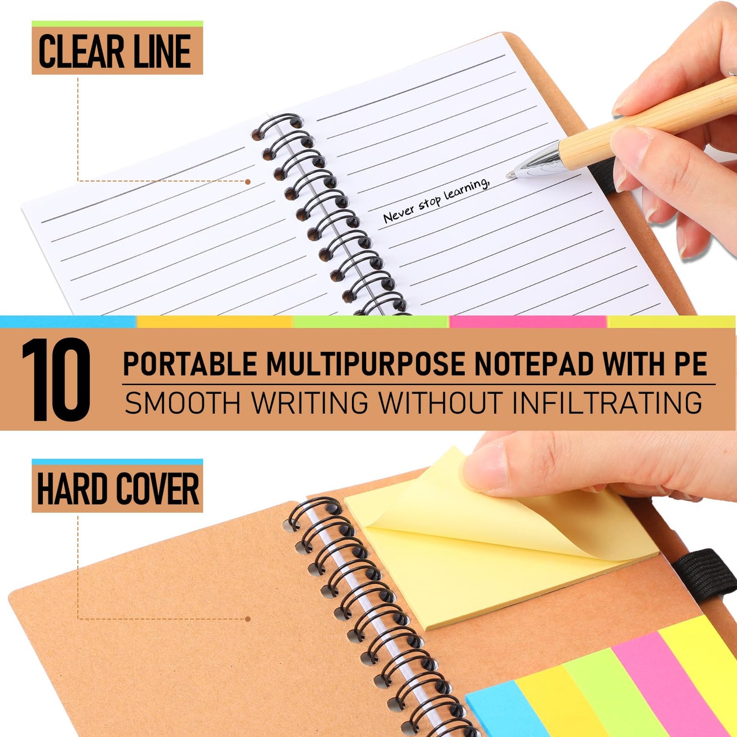 Honoson 10 Set Employee Appreciation Gifts Bulk Inspirational Notebook with Sticky Note and Bamboo Pen Set Thank You Gifts for Coworkers Team Staff Group Office Teacher (Kraft)