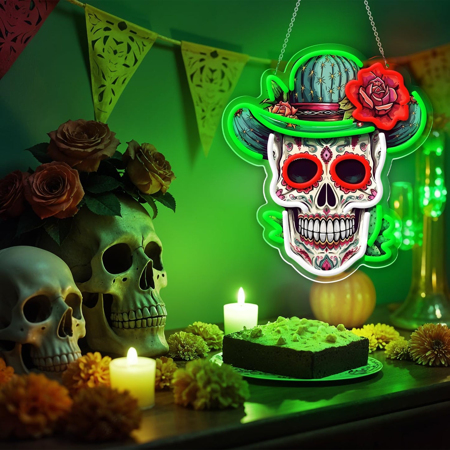 Sneignon Day of the Dead Neon Sign - Mexican Sugar Skull LED Neon Light for Home & Bar Decor,UV Printed Art with Flexible LED Strip,Halloween & Día de Muertos Party Decoration（green)