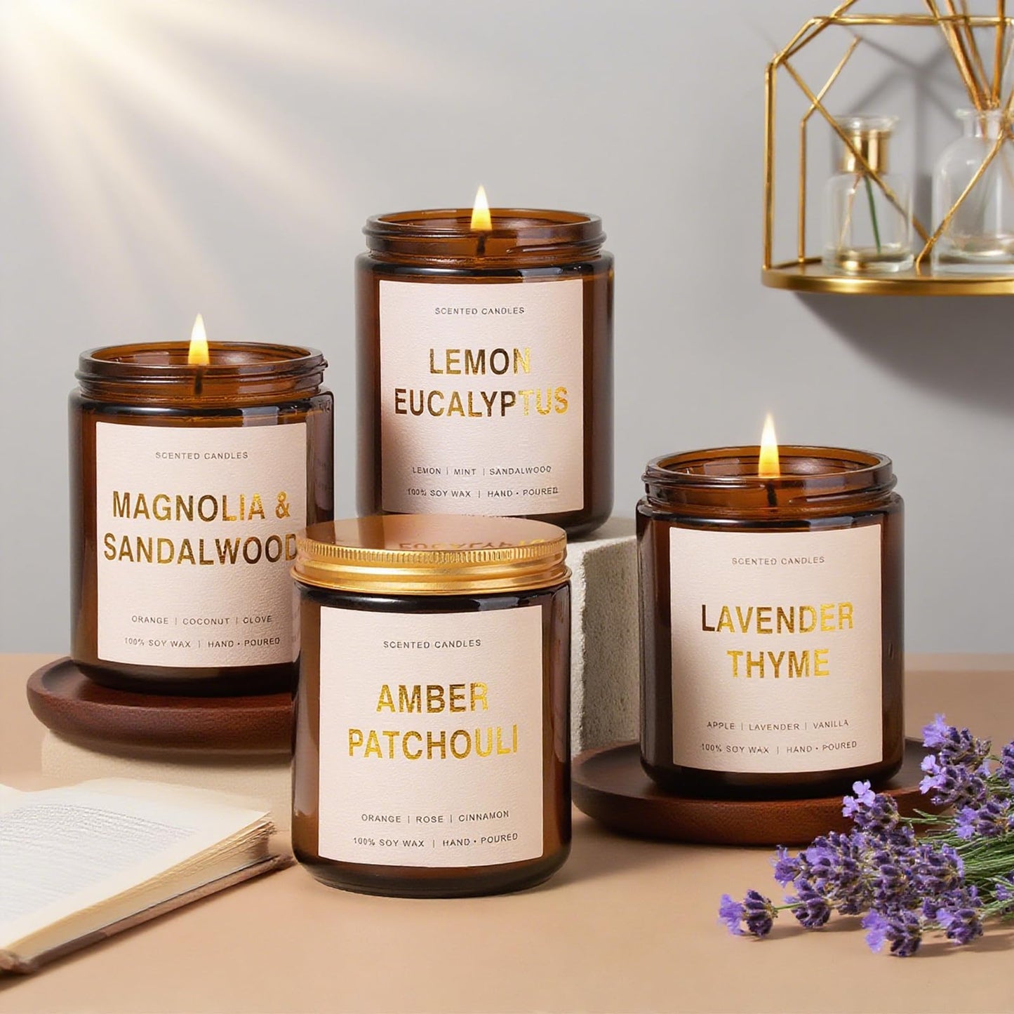 Candles for Home Scented, 4 Pack Soy Candle Non Toxic, Spring Scented Candles with Lavender Thyme, Magnolia & Sandalwood, Amber Patchouli, Lemon Eucalyptus - Candle Gifts Set for Women & Mothers Day