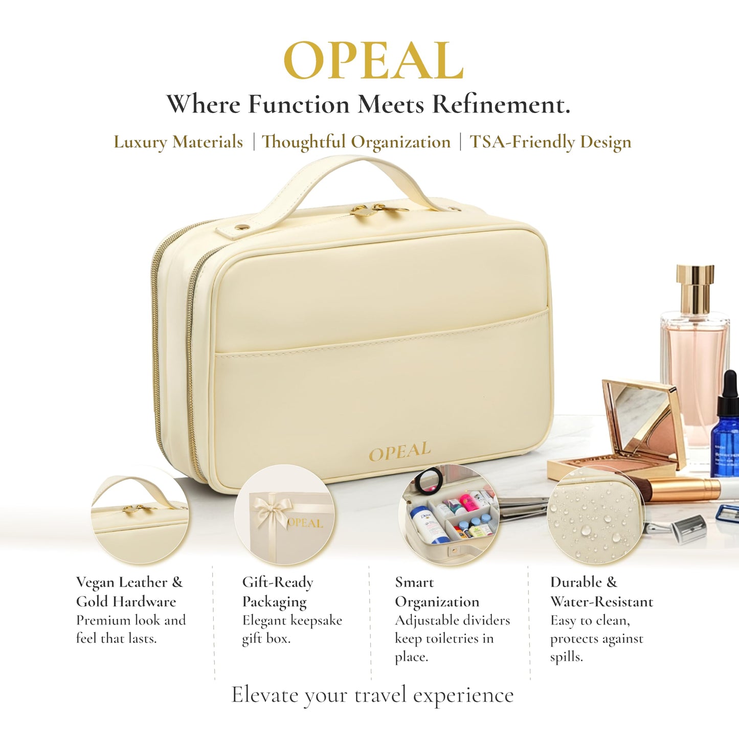 OPEAL 2-in-1 Travel Makeup and TSA Toiletry Organizer for Women – Flexible Compartments, Clear TSA Window, Wipe Clean Vegan Leather, Gift Box Included – Carry-On Approved, Cream