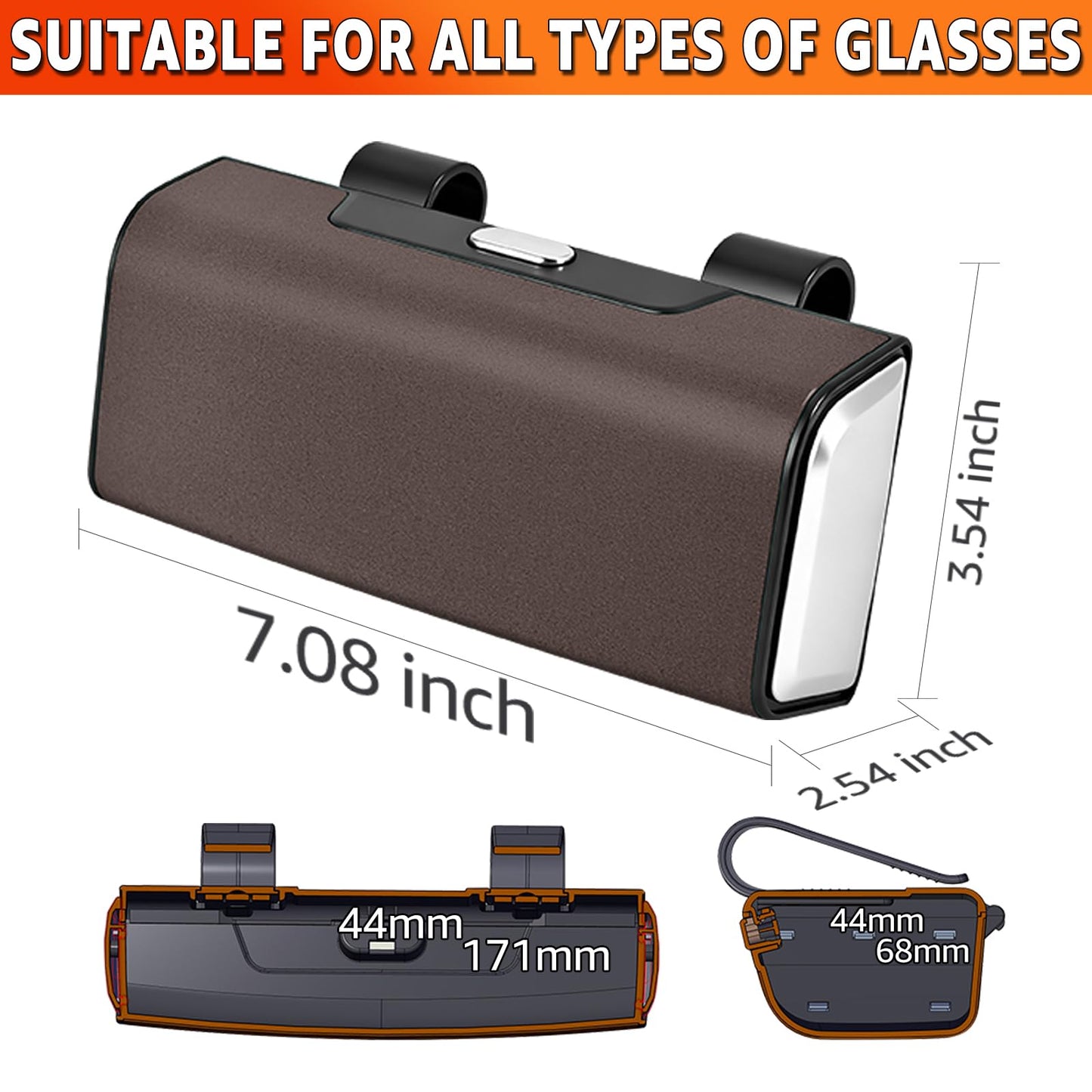 HOLDCY Car Sunglasses Holder for Sun Visor, Button Leather Eyeglass Hanger and Interior Storage Box, One‑Hand Access, Universal Fit Car Glasses Case Organizer for Car/Truck/SUV Drivers (Brown)