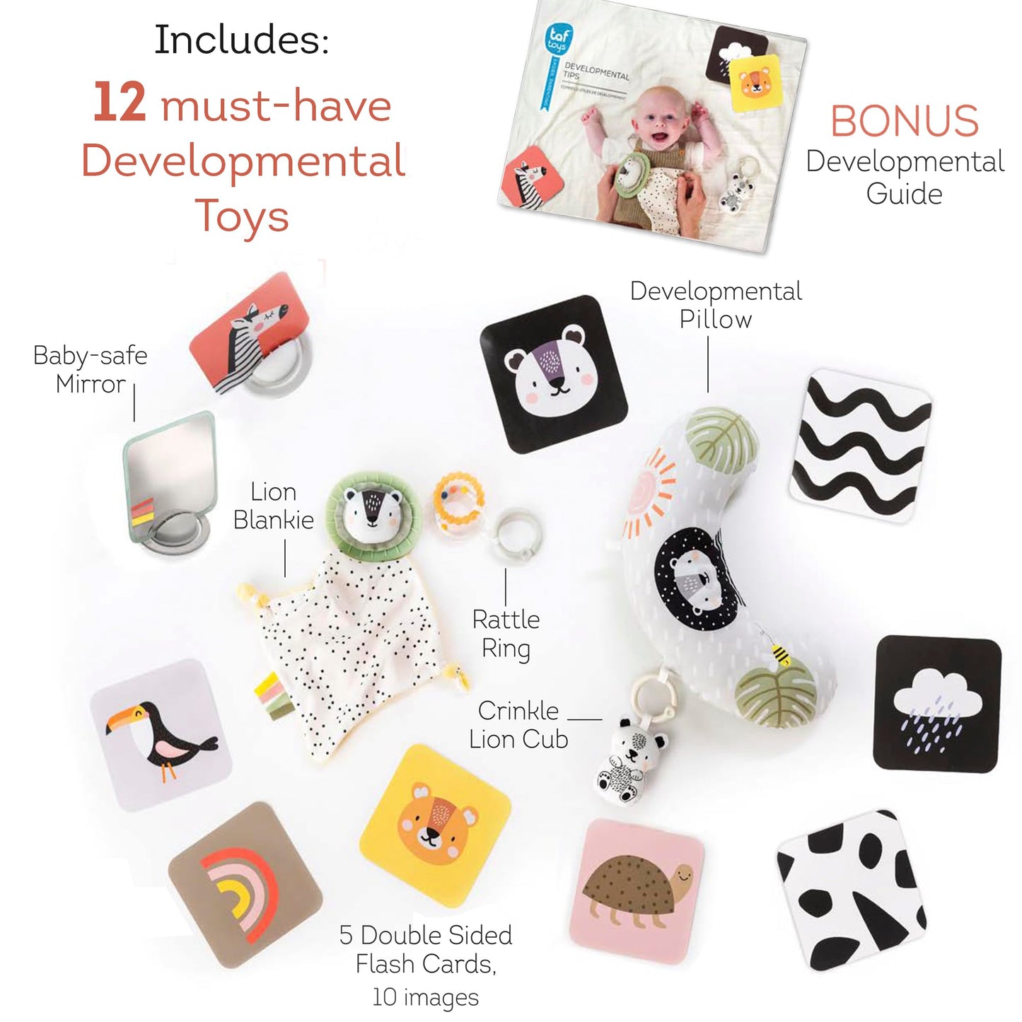 Taf Toys Newborn Developmental Toy Kit, Perfect for Boys and Girls, Includes 12 Essential Boy and Girl Toys for Learning and Stimulation, Ideal New Baby Gift Basket