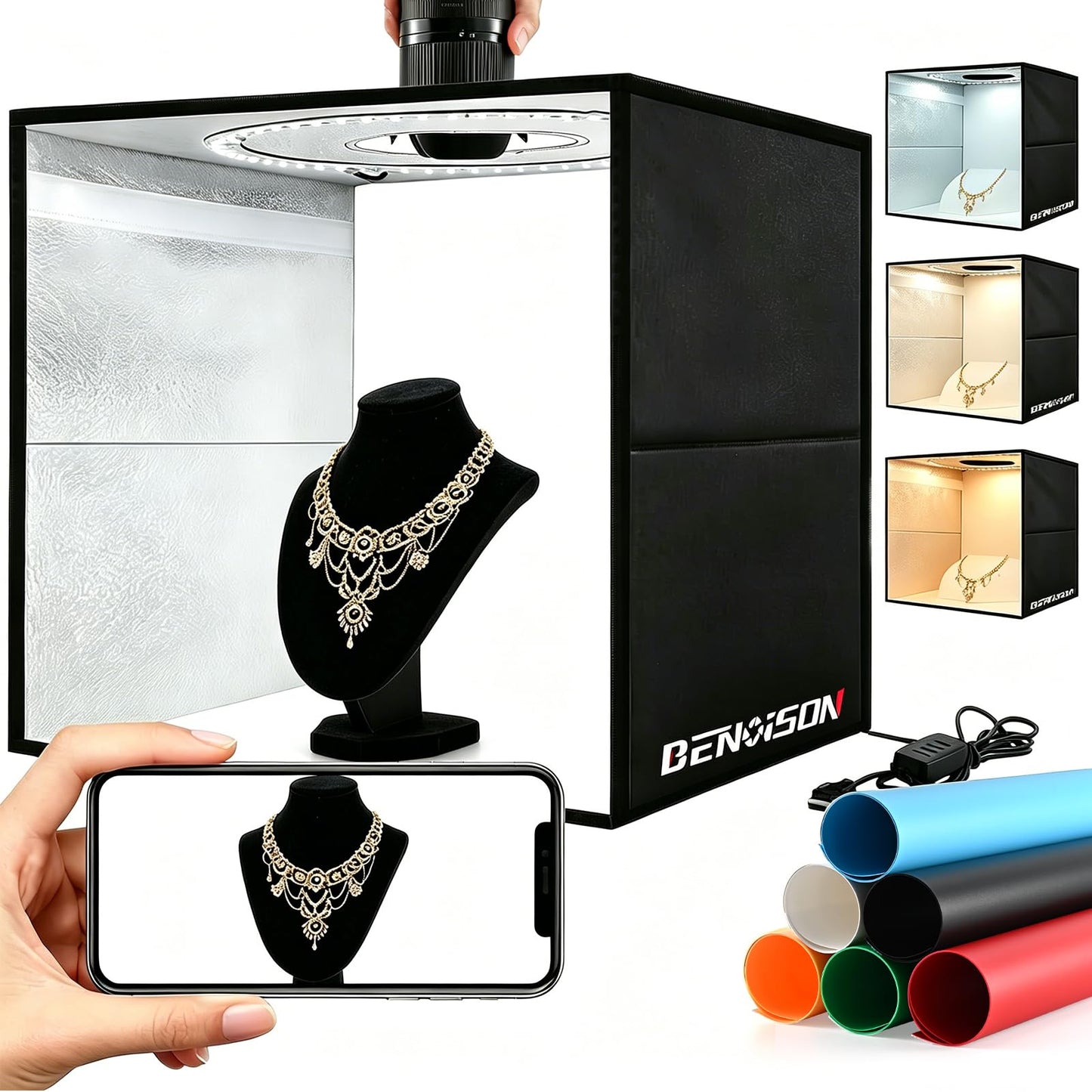 BENOISON Light Box Photography - 16"x16" Portable Shooting Tent with 120 LEDs & 6 Backdrops for Jewelry Watches Cosmetics Food Photography
