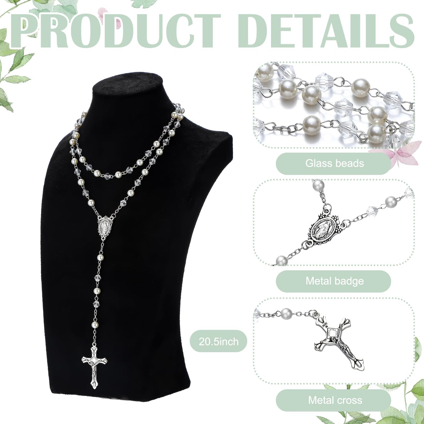 Liliaafar First Communion Rosary Beads Necklace Gifts with Engraved Keepsake Gift Box 20.5 Inch Stainless Steel Glass Beads Catholic Rosary with Cross for First Holy Communion