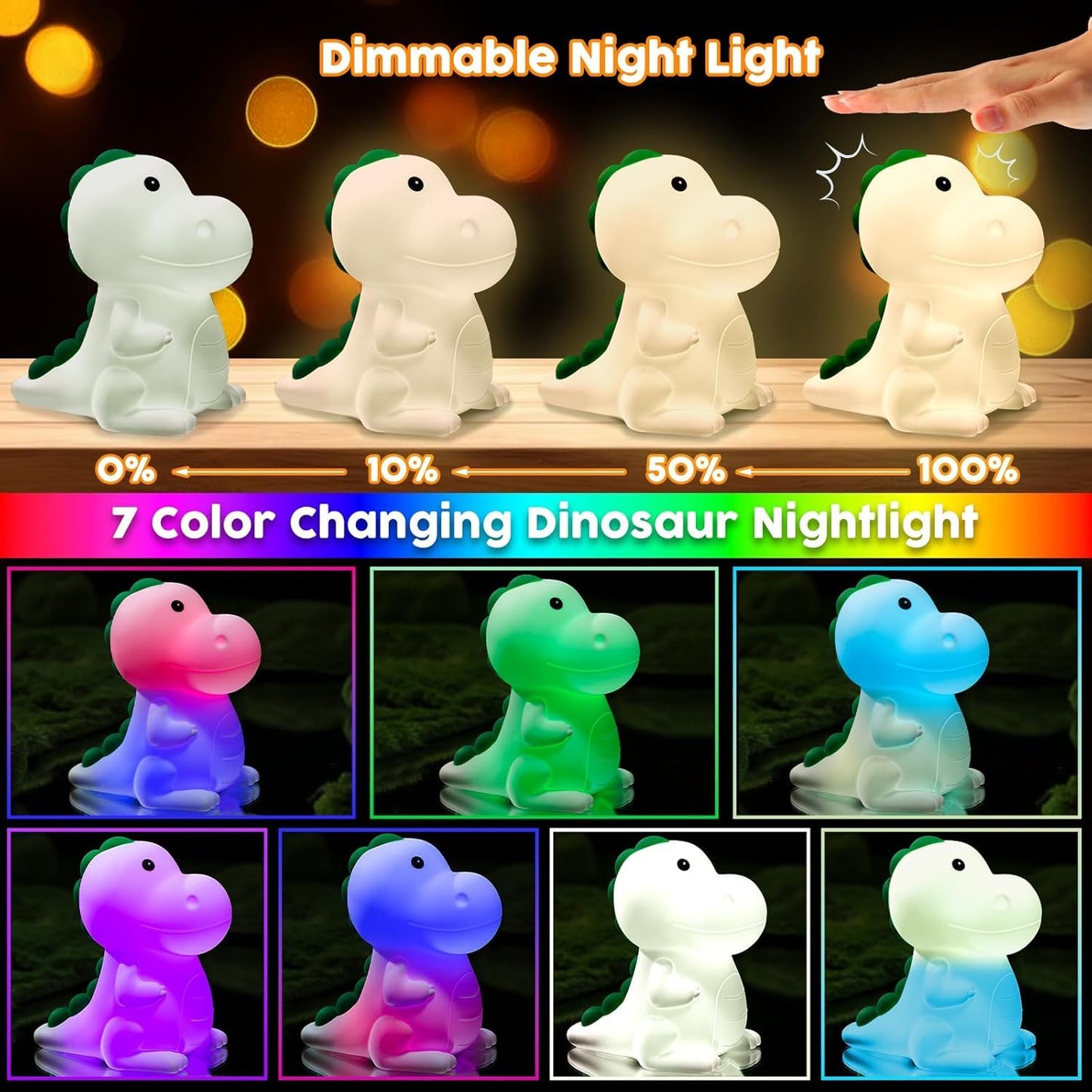 YunLone Kids Night Light Dinosaur Bedside Nursery Touch Lamp Dimmable with 7 Color Changing, Soft Squishy Silicone Cute Dino Night Lights Gifts for Kids Baby Room, Rechargeable for All-Night Use