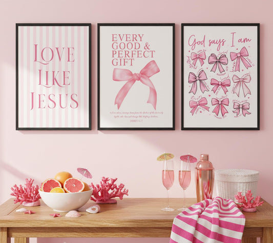 3Pcs Pink Bow Canvas Wall Art, Coquette Preppy Painting Pictures Wall Decor, Christian Inspirational Bible Posters Print Artwork for Girls Dorm Room, Apartment, Home Decoration 16x24 Unframed