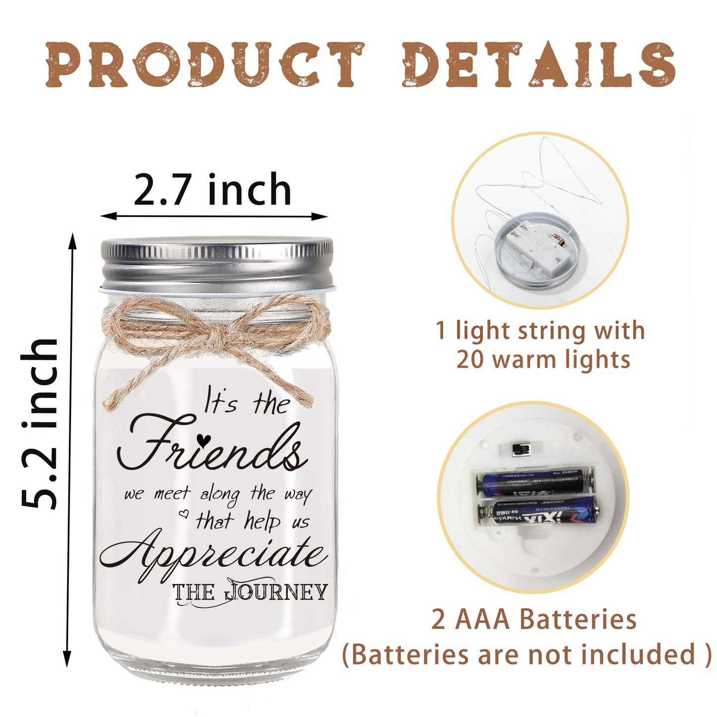 Hua Feishang Birthday Gifts for Women Friendship, Mason Jar Night Lights for Friend, Thankgiving Gifts for Women, Suitable for Home Office Table Stands