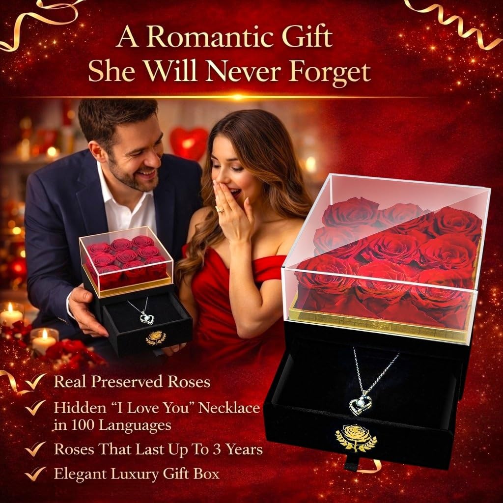 Eterno Bel Fiore Luxury Preserved Roses - I Love You Necklace - Velvet Box with Drawer - Luxury Gift for Valentines Day Birthdays Mother's Day Anniversaries - Wife Mom Girlfriend Sister