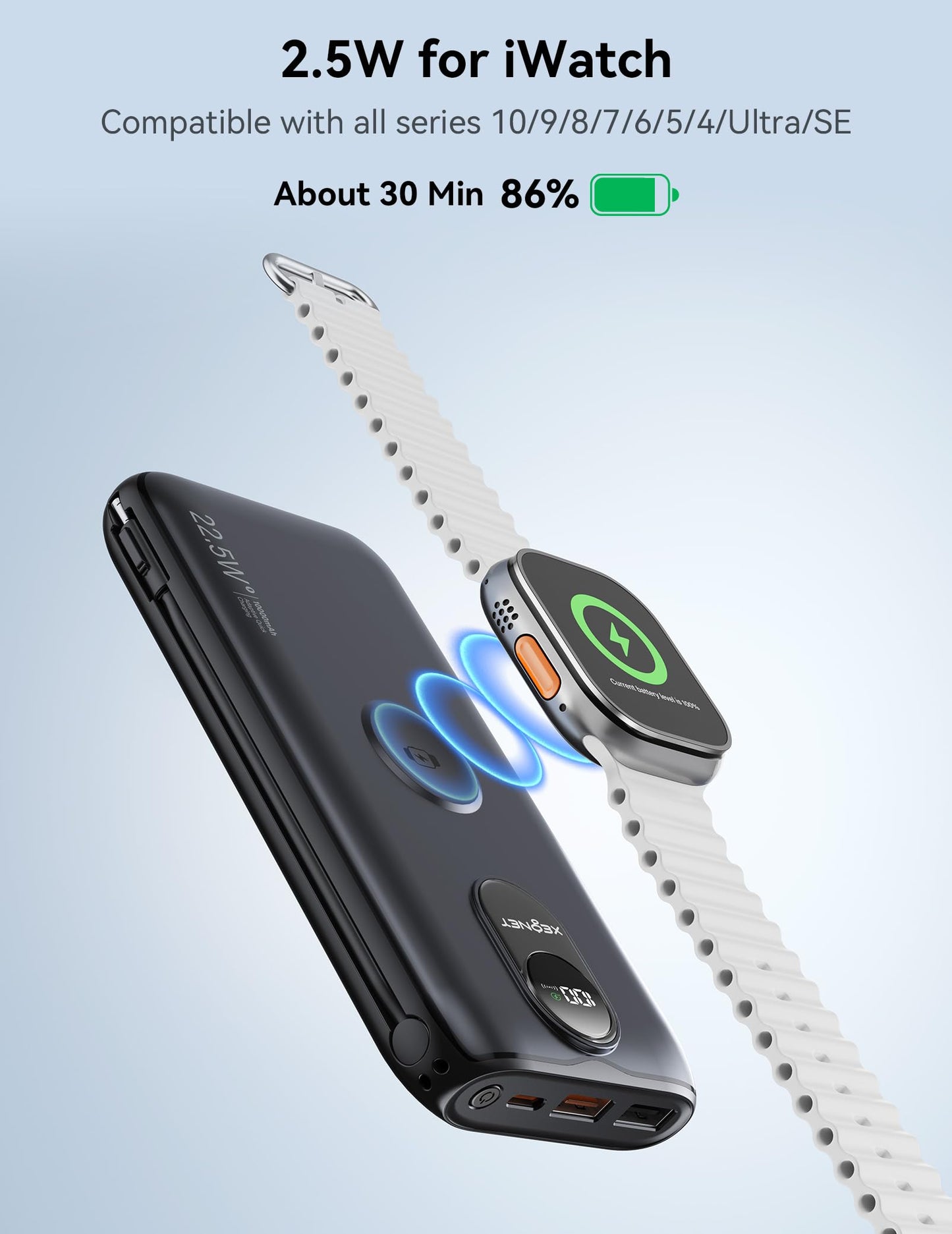 Portable Charger, 10000mAh 22.5W Power Bank Fast Charging with Built in Cable & Wall Plug, Portable Phone Charger with Led Display, Travel Essentials Battery Pack for iPhone 17/16, iWatch 11/Ultra/SE