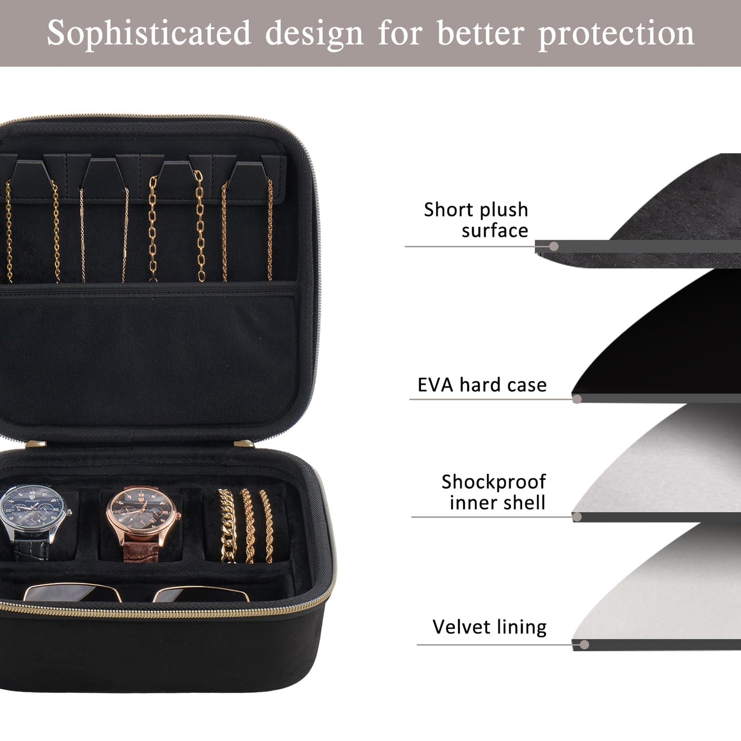 ProCase Mens Small Jewelry Storage Case, 3 Slots Travel Watch Accessories Carrying Box, Glasses Necklaces Rings Bracelets Zippered Organizer Bag for Male -Black